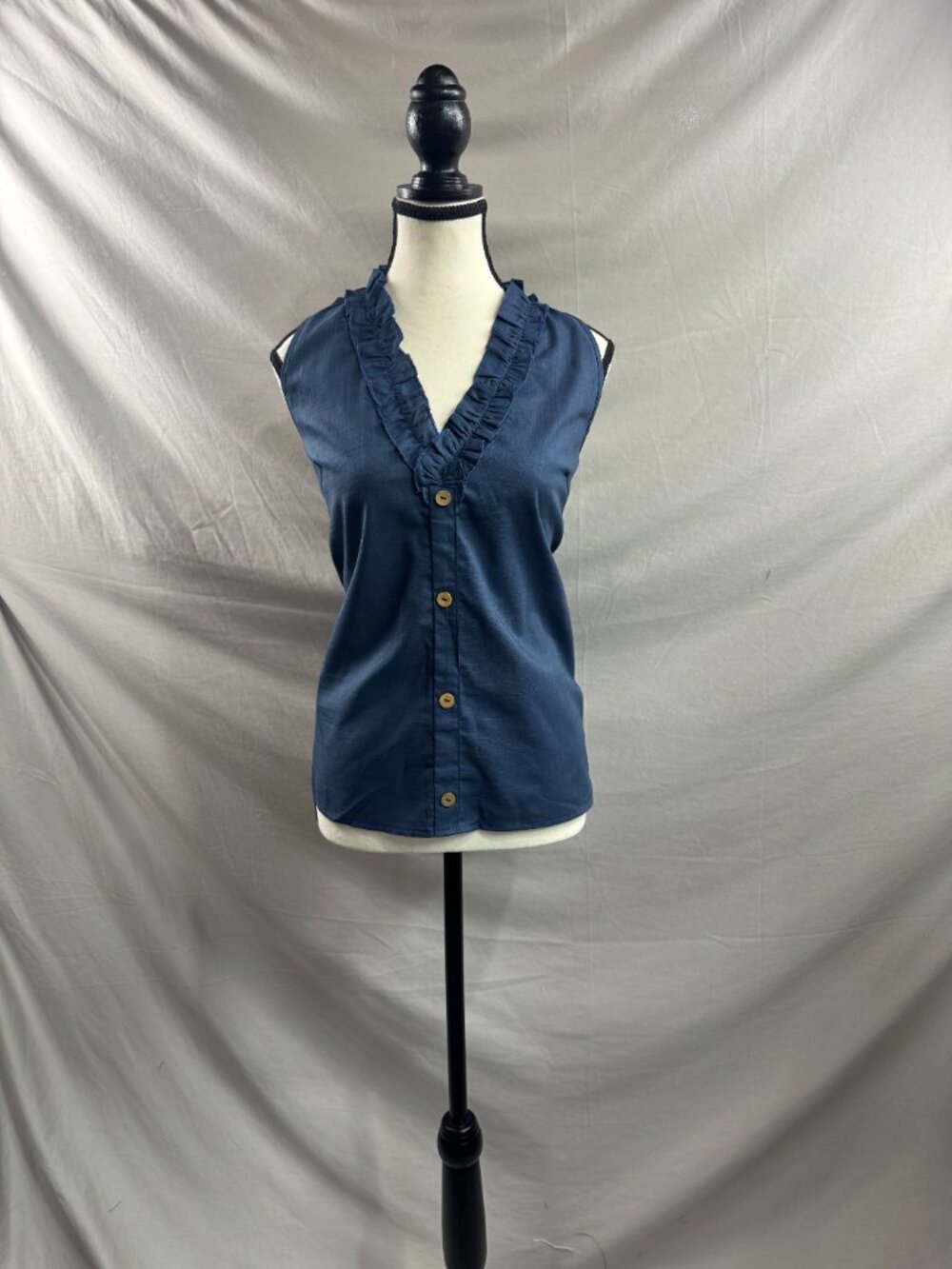 Navy Blue Ruffle V-Neck Sleeveless Cotton Blouse Button-Down Top - Picture 6 of 8